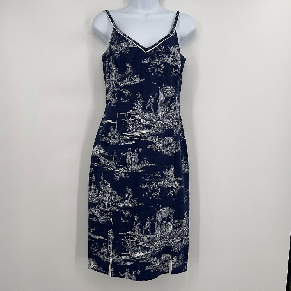 Victoria Pappas Navy Toile Print Cotton Blend Dress Midi Women’s Size 4